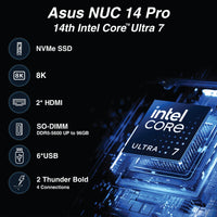 ASUS NUC 14 Pro: NUC14RVHU7 AI Mini PC with with Intel's new Ultra 7-155H Processor 16C/22T/24MB Cache bursts up 4.8GHz